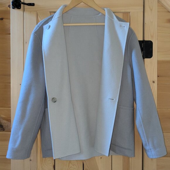 THEORY Reversible Boy Coat Doubleface Wool Jacket Pockets Size Med Grey Blazer - Picture 7 of 11